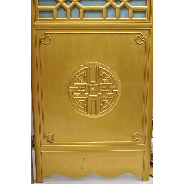 Mid 20th Century Vintage Chinoiserie Lattice Fretwork 4 Panel Gold Folding Screen Room Divider For Sale - Image 5 of 18