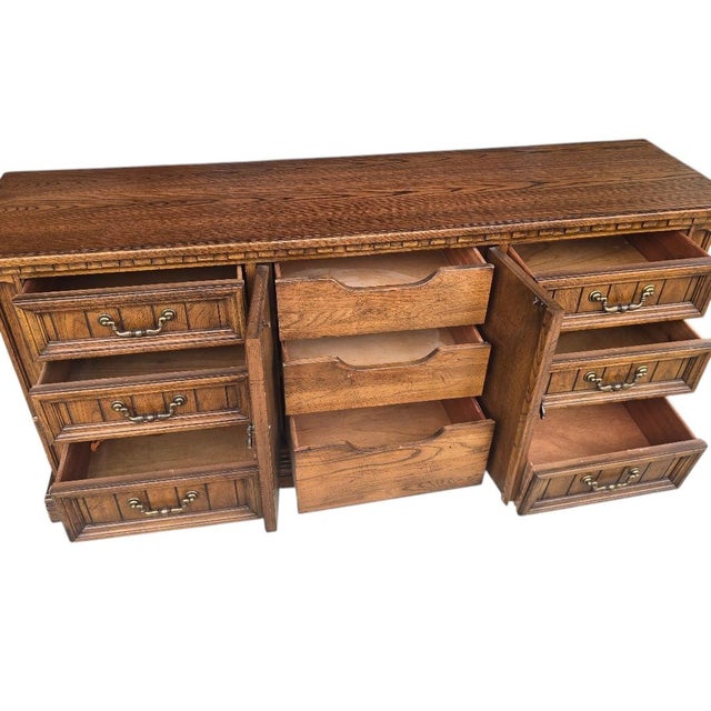 Dixie Vintage Dixie Oak Triple Dresser Credenza | 9 Drawer Solid Wood Buffet | Traditional Storage Cabinet For Sale - Image 4 of 7
