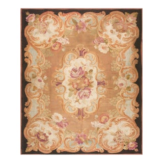 1850s Brown Medallion Floral Antique French Aubusson Carpet 8'10" X 10'10" Louis Philippe Period Wool Rug For Sale