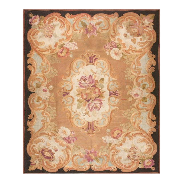 1850s Brown Medallion Floral Antique French Aubusson Carpet 8'10" X 10'10" Louis Philippe Period Wool Rug For Sale