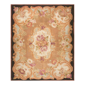 1850s Brown Medallion Floral Antique French Aubusson Carpet 8'10" X 10'10" Louis Philippe Period Wool Rug