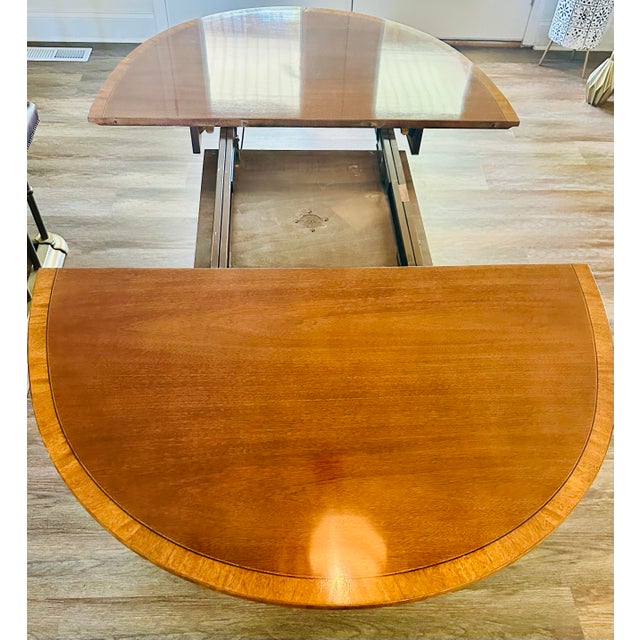 Vintage Banded Mahogany Double Pedestal Oval Dining Table With Extension Leaf For Sale - Image 11 of 12
