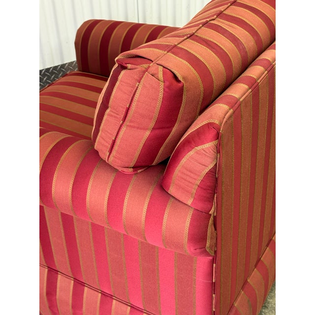 Textile Ethan Allen Upholstered Rolled Arm Skirted Lounge Chairs - A Pair For Sale - Image 7 of 8
