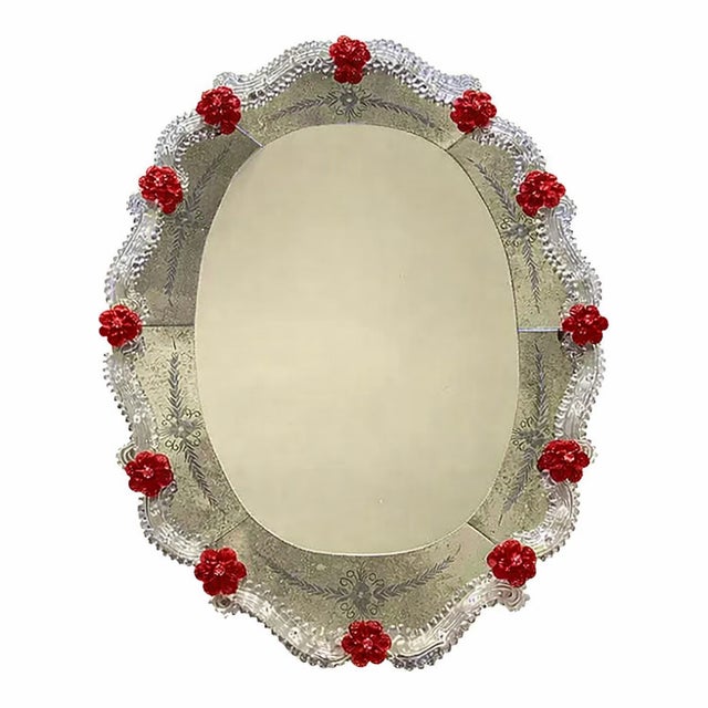 Mid-Century Modern Venetian Murano Glass Oval Red Floral Wall Mirror – Hand-Carved Italian Art For Sale - Image 3 of 12