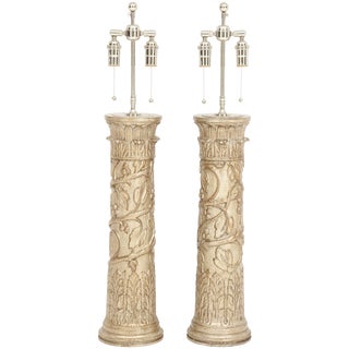 1950s James Mont Glazed Silver Leaf Finish Lamps - a Pair For Sale