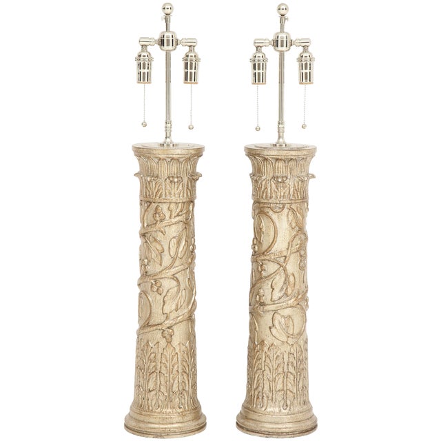 1950s James Mont Glazed Silver Leaf Finish Lamps - a Pair For Sale