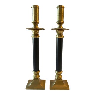 Pair of Hong Kong Black and Brass Candlesticks With Square Bases, 1970s – 12” For Sale