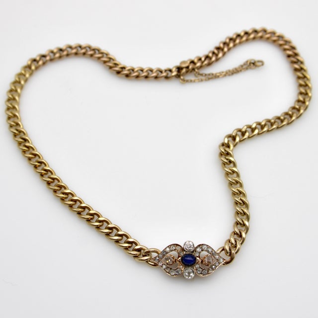 Late 19th Century Late 19th Century Victorian 14k Gold Curb Link Diamond and Sapphire Necklace For Sale - Image 5 of 12