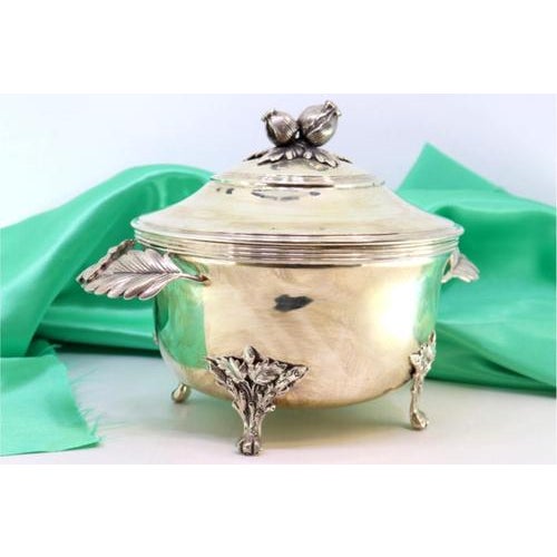 Small Silver Tureen with Handle and Relief Applications, in Very Good conditions. Designed 1980 to 1989 This piece has an...