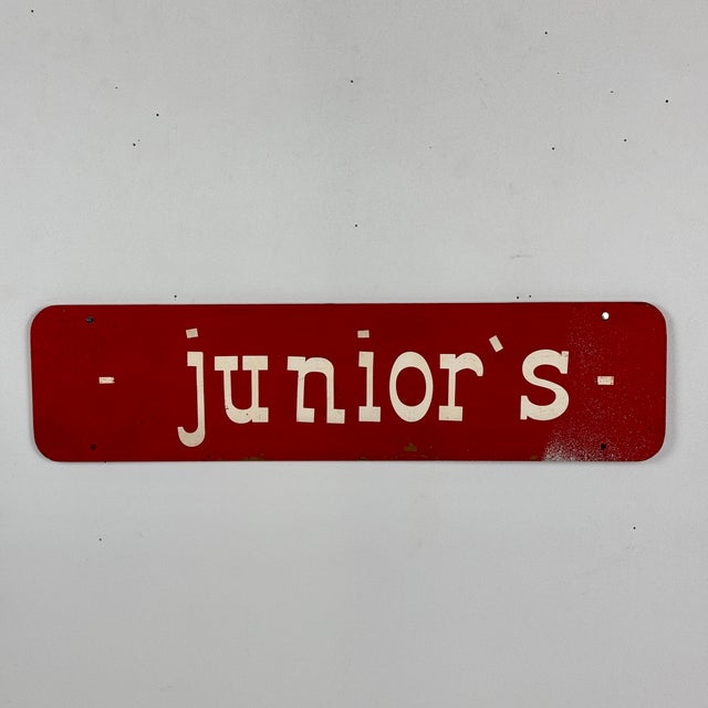 Vintage "Junior's" Rectangular Wall Sign in Firetruck Red With White Font For Sale - Image 4 of 6