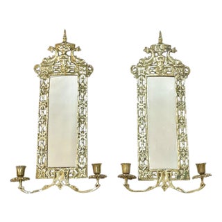 Pair Antique French Brass Rococo Style Mirrored Candle Sconces For Sale