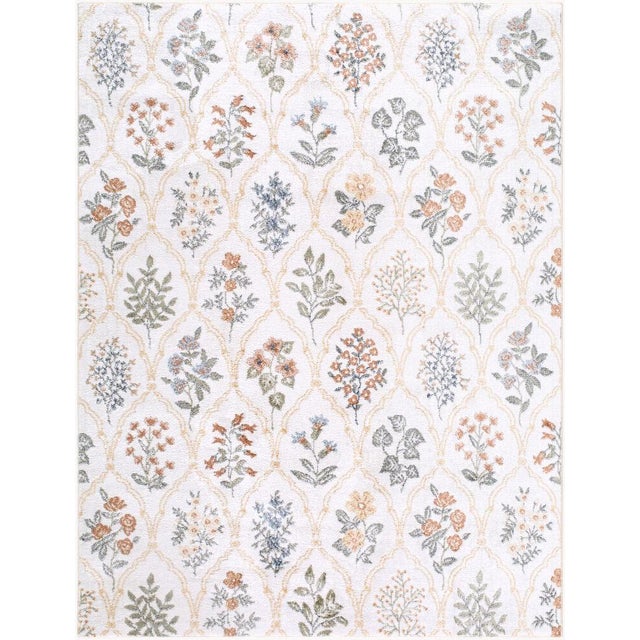 Lillian Floral Trellis Machine Washable Rug in Mustard, 9x12 For Sale