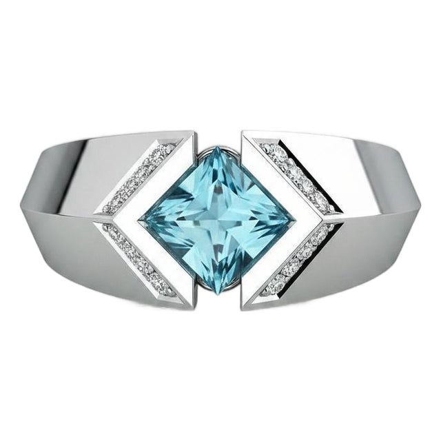 Square-Cut Blue Topaz Architectural Silver Cocktail Ring, Size 7.5 For Sale