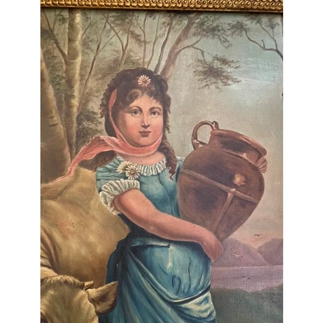 A charming 19th century oil on canvas, painting of a cow and a maiden holding a container. My research found prints of...