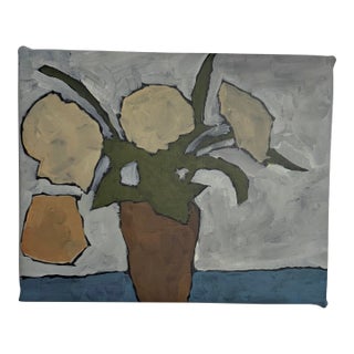 Abstract Still Life Painting With Plant in Pot, Minimalist Neutral Wall Art, Modern Botanical Artwork, Original Acrylic Painting For Sale