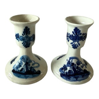 Pair of Vintage Porcelain Hand Painted Blue and White Delft Candle Holders For Sale