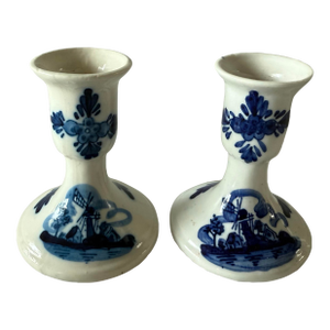 Pair of Vintage Porcelain Hand Painted Blue and White Delft Candle Holders