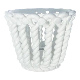 Trompe l'Oeil Ceramic Faux Wicker Bread or Fruit Bowl With Candle Holder - Spain For Sale