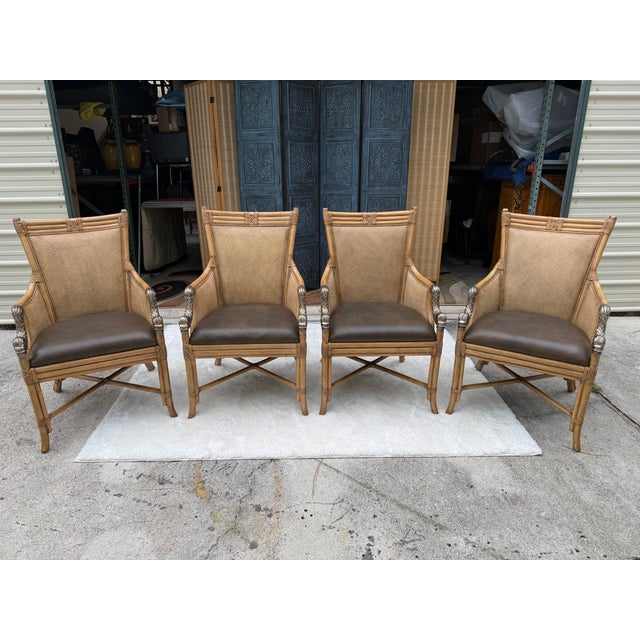 Hooker Furniture Set of 4 Asian Chinoiserie Faux Bamboo Armchairs With Sculptural Metal Fish Motifs For Sale - Image 4 of 17