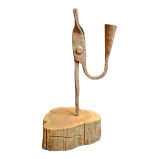 Antique Wrought Iron Rushlight Holder Candle Socket Wood Base Richard Morgan For Sale