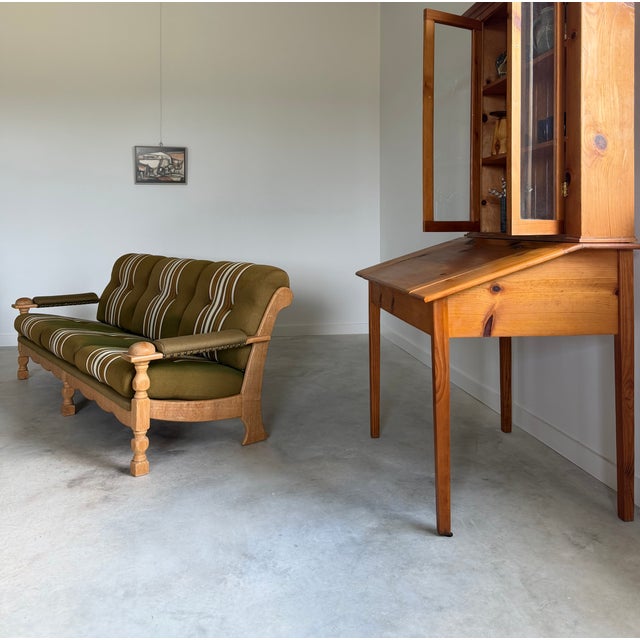 Olive Scalloped Carved Turned Danish Oak Henning Kjærnulf Style Sofa Couch Olive Wool For Sale - Image 8 of 16