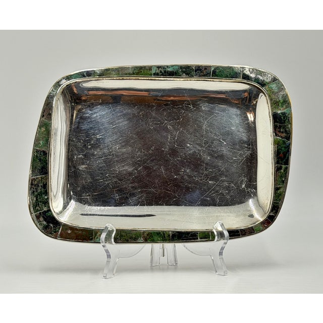 Mid 20th Century Los Castillo Taxco Azurite & Lapis Inlaid Silver Plated Tray, Mexican Modernist For Sale - Image 18 of 18