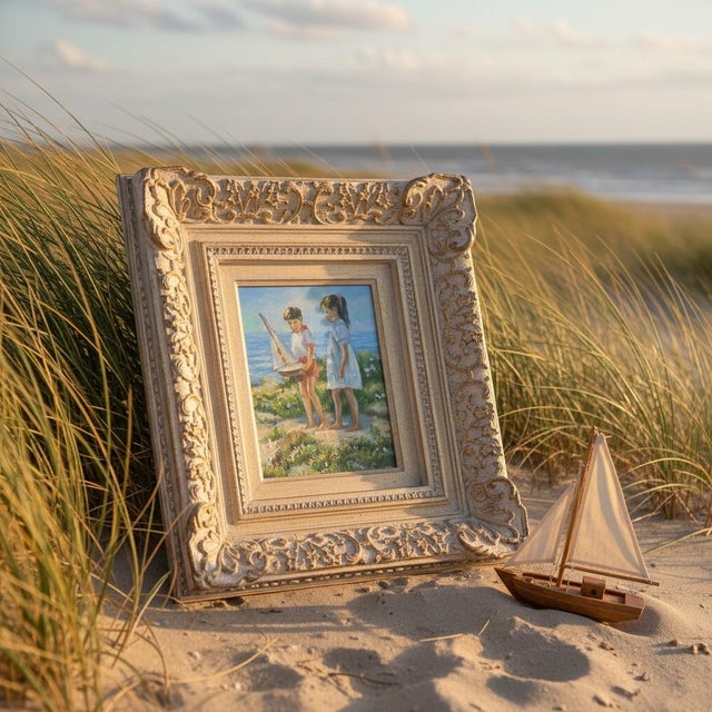 Romantic vintage oil on canvas painting depicting two children beside the seaside with a sailboat, housed in an ornate...