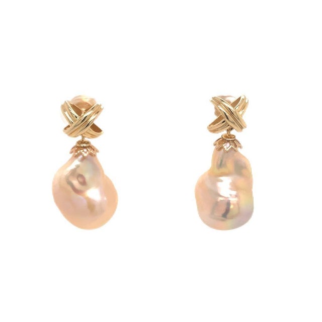 Metal Freshwater Pearl Earrings 14 Karat Yellow Gold 25 mm Certified For Sale - Image 7 of 7