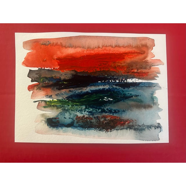 A striking original abstract painting featuring expressive horizontal gestures in vivid vermilion, burnt orange, rust,...