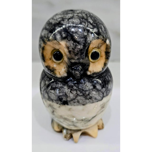 Charming mid-century hand-carved alabaster owl figurine from Volterra, Tuscany, Italy, featuring expressive glass eyes and...