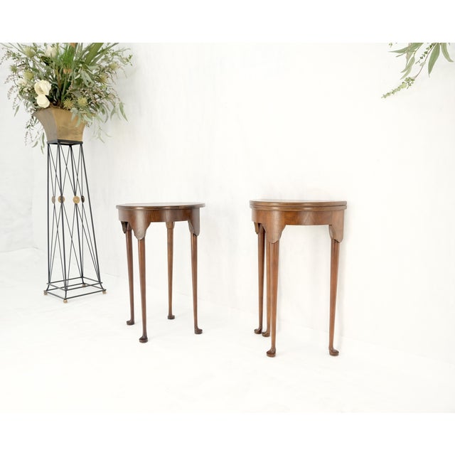Pair Walnut Baker Demilune Flip Top Round End Side Console Occasional Table MINT For Sale - Image 10 of 12