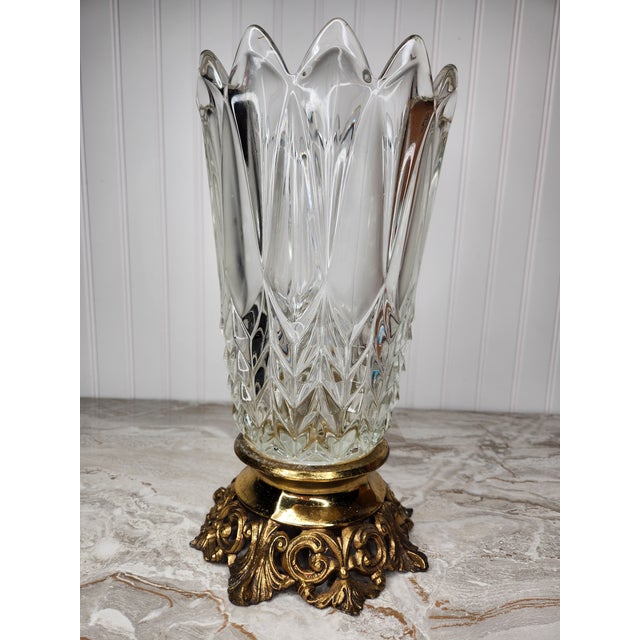 Glass Vintage 1930s French Cut Crystal Vase With Ornate Brass Base For Sale - Image 7 of 12