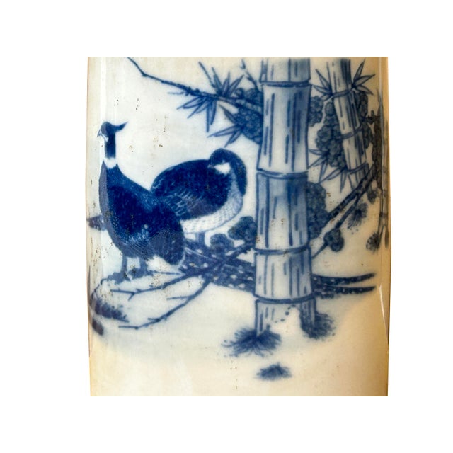 Chinese Distressed White Porcelain Blue Birds Graphic Holder Vase For Sale In San Francisco - Image 6 of 7