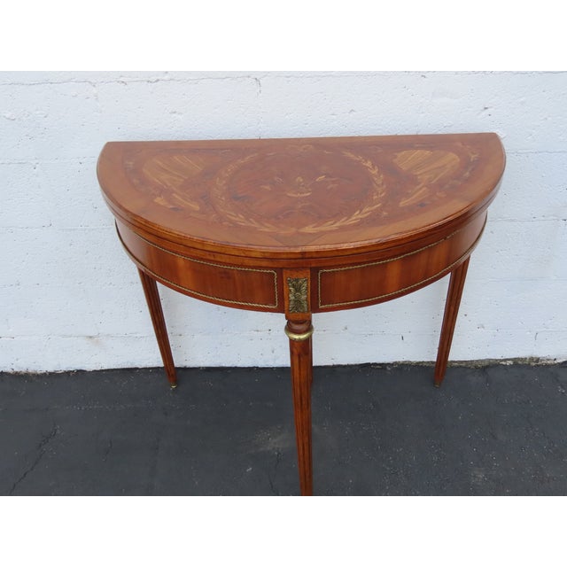 French Demilune Inlay Leather Top Console Flip Top Card Table 6916 For Sale - Image 14 of 18