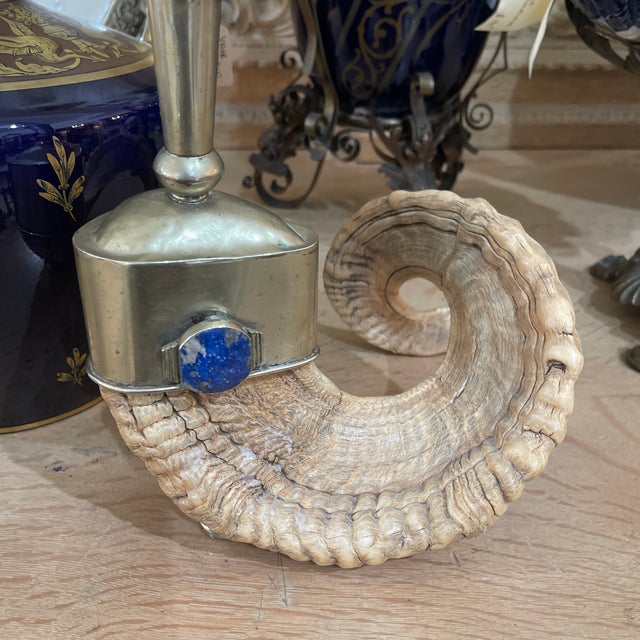 Mid 20th Century Pair of Ram Horns, Metal Lapis Lazuli Candlesticks For Sale - Image 12 of 12