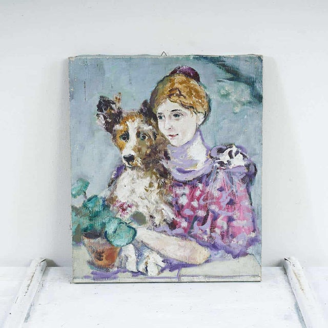 Italian Artist, Girl with Dog, Oil on Canvas For Sale - Image 4 of 4