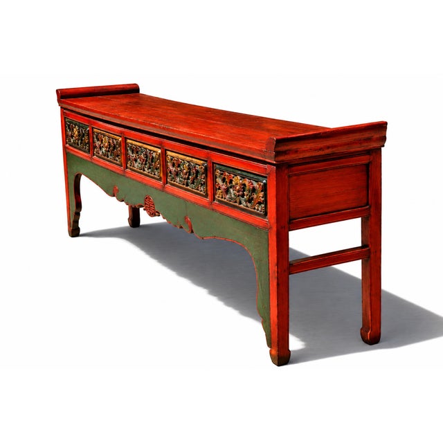 Wood Monumental 8 Ft Extra Long 19th Century Chinese Console Altar Table Carved 5 Drawers Red Orange Green For Sale - Image 7 of 16