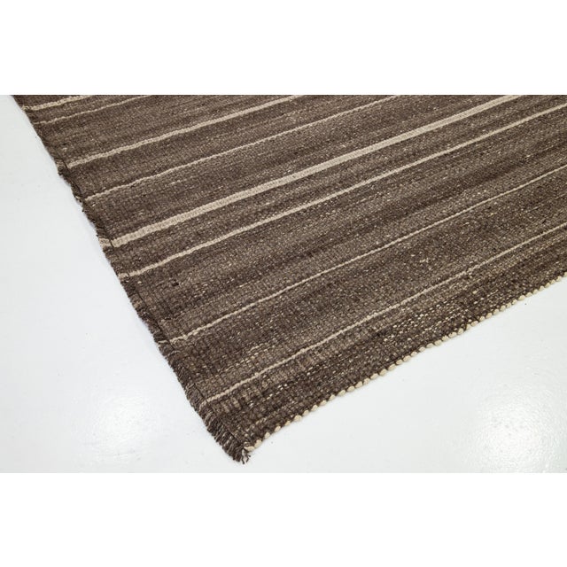 Organic Modern Flatweave Brown Wool Rug With Striped Design For Sale - Image 9 of 11