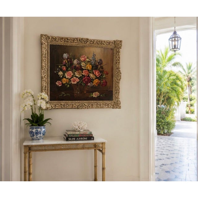 Ivory Vintage Continental Floral Still Life Oil Painting – Ornate Baroque Style Frame For Sale - Image 8 of 12