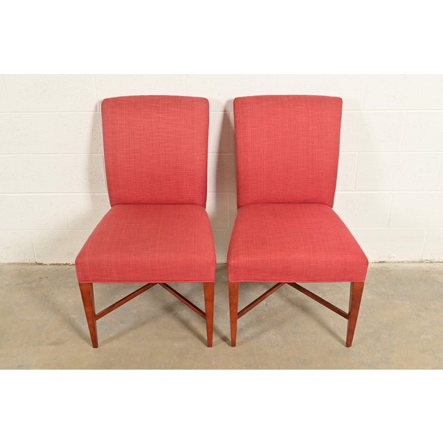 Art Deco Baker Furniture Modern Regency Sycamore Wood Upholstered X-Base Side Chairs or Dining Chairs, Pair For Sale - Image 3 of 15