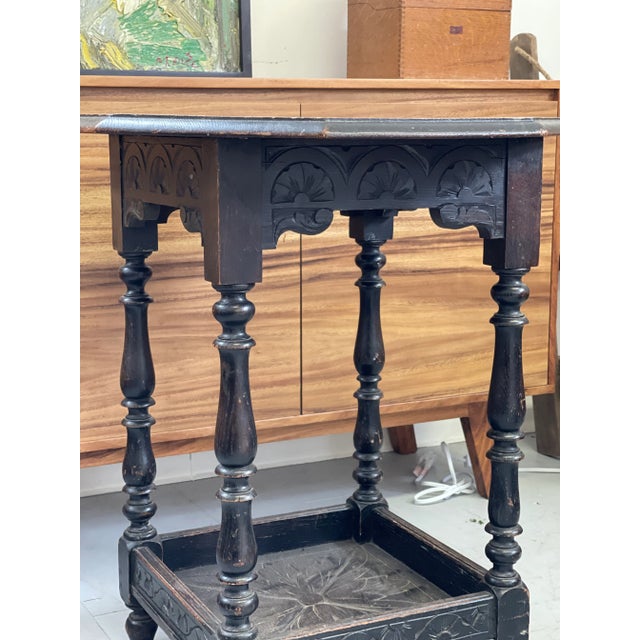 Antique Table Stand . Uk Import. This Table has Primitive Style and hand Carved Floral Design on Both Levels and has Great...