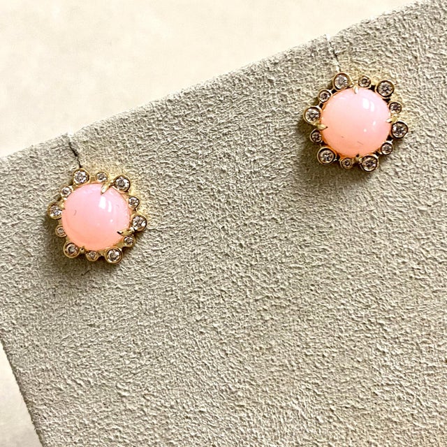 Syna Yellow Gold Pink Opal Earrings with Diamonds, a Pair For Sale - Image 4 of 6