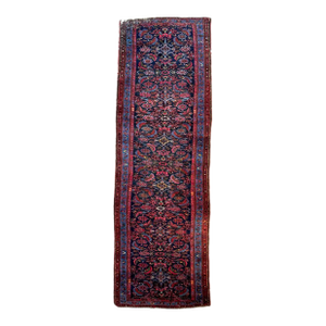 1930s Narrow & Plush Army Green & Indigo-Ice Water Garden Runner Rug 2.9 x 9.8
