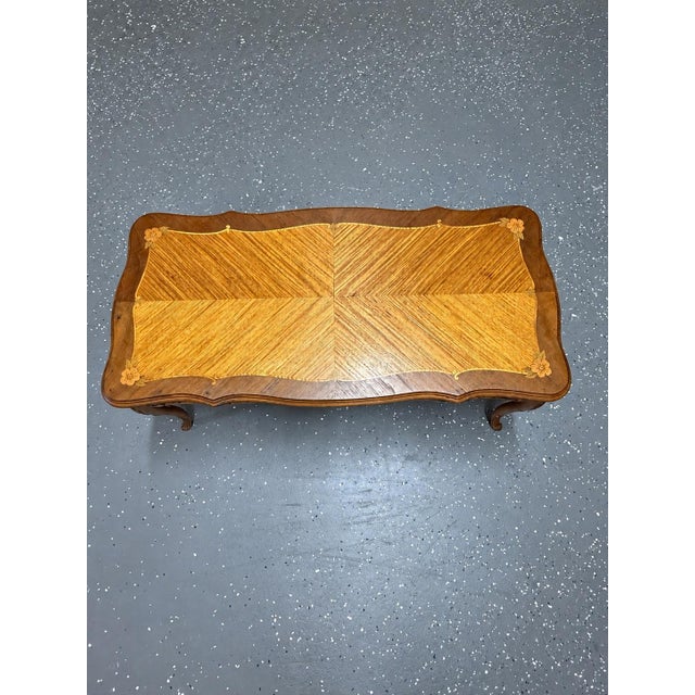 Brown Vintage Louis XV Style Carved Walnut Marquetry & Parquetry Coffee Table For Sale - Image 8 of 12