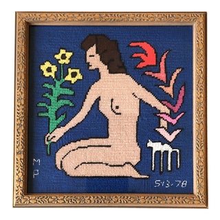 Original Designed Needlepoint Picture Female Nude With Flowers 1970’s Framed For Sale