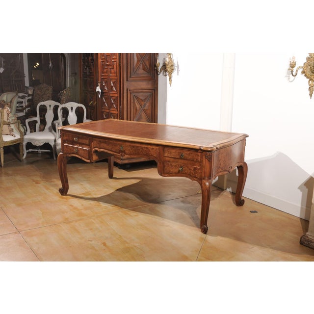 French Louis XV Style 19th Century Burr Walnut and Leather Top Four-Drawer Desk For Sale - Image 4 of 12