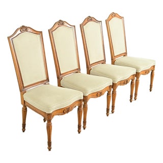 Baker Furniture Style French Regency Louis XVI Carved Walnut Dining Chairs, Set of Four For Sale