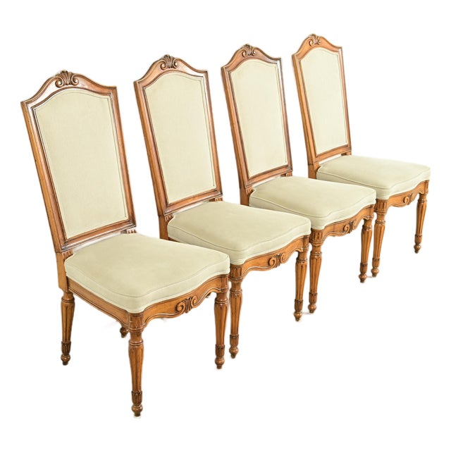 Baker Furniture Style French Regency Louis XVI Carved Walnut Dining Chairs, Set of Four For Sale