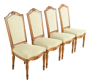 Baker Furniture Style French Regency Louis XVI Carved Walnut Dining Chairs, Set of Four