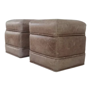 Vintage Full Grain Leather Ottomans- Set of 2